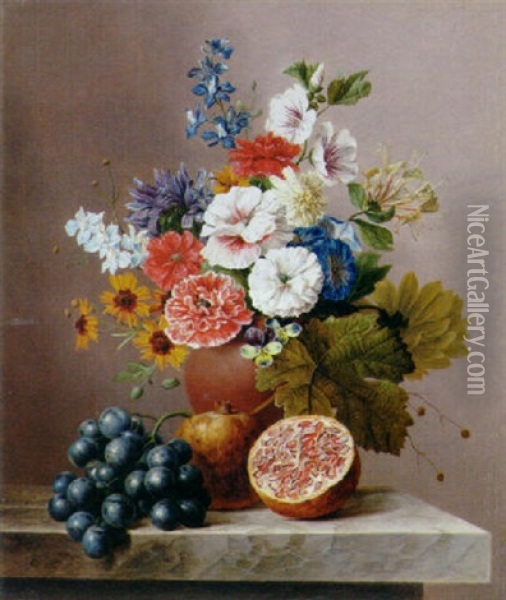 Flowers In A Vase With Grapes And Pomegranates On A Stone Ledge Oil Painting - Arnoldus Bloemers