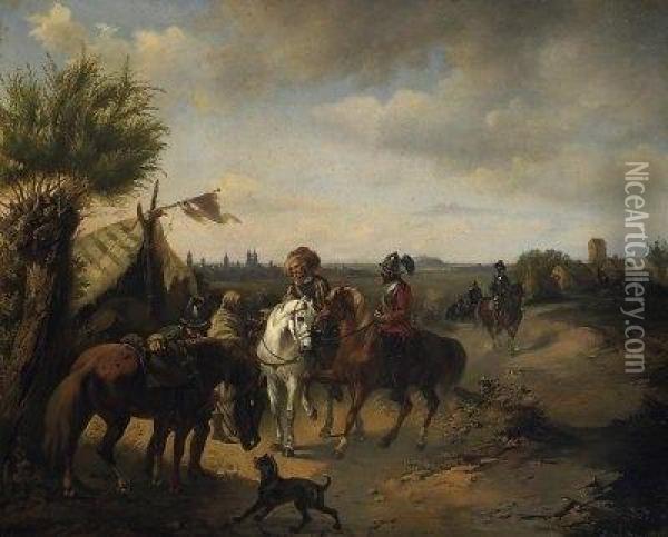 Cavalry Encampment In Front Of The City Gates Oil Painting - Carl Adolf Heinrich Hess