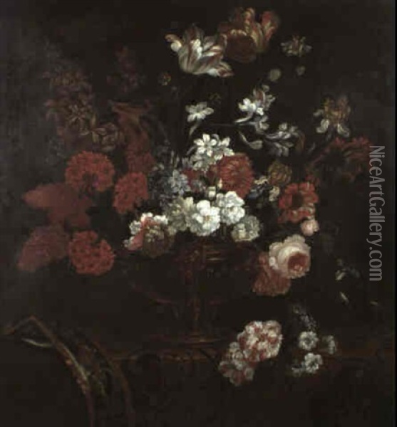 A Still Life Of Tulips, Roses, Pelargonium, Irises And      Other Flowers In A Copper Vase On An Embroidered Cloth Oil Painting - Pieter Casteels III