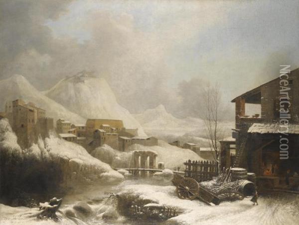 A Frozen Winter Landscape With A Bridge Over A River Oil Painting - Jules Cesar Denis van Loo