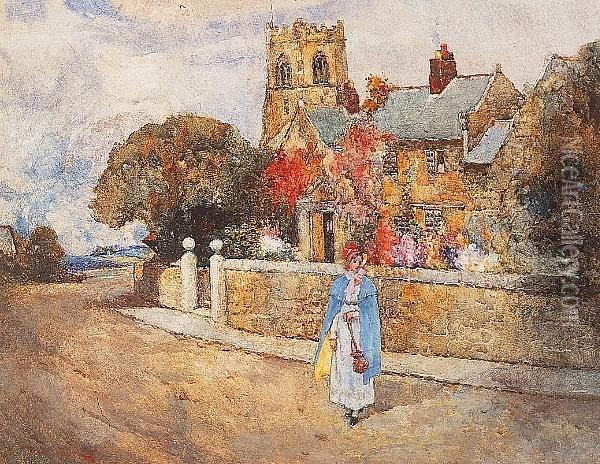 Young Girl In A Village Street Oil Painting - David Woodlock