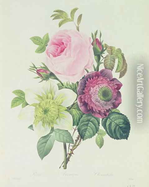 Rose, anemone and Clematide Oil Painting - Pierre-Joseph Redoute