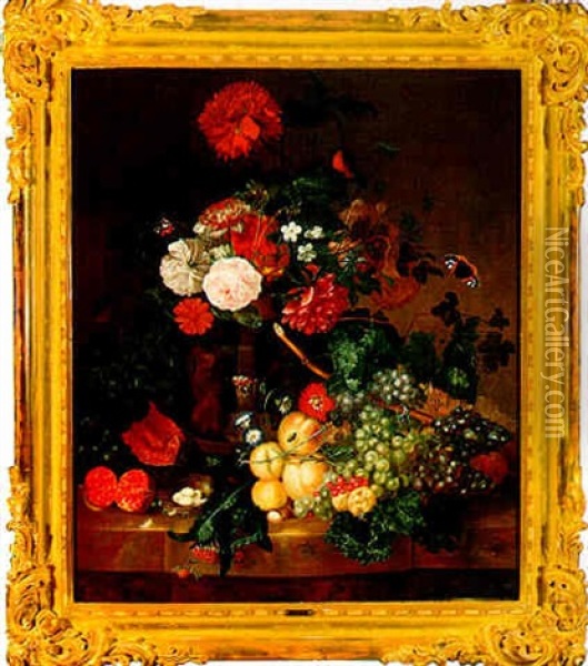 A Still Life Of Flowers In A Vase With Fruit And A Nest Of Birds Eggs Oil Painting - Georgius Jacobus Johannes van Os