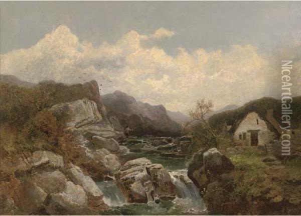 A Cottage Beside A Rocky Mountain Stream Oil Painting - Joseph Horlor