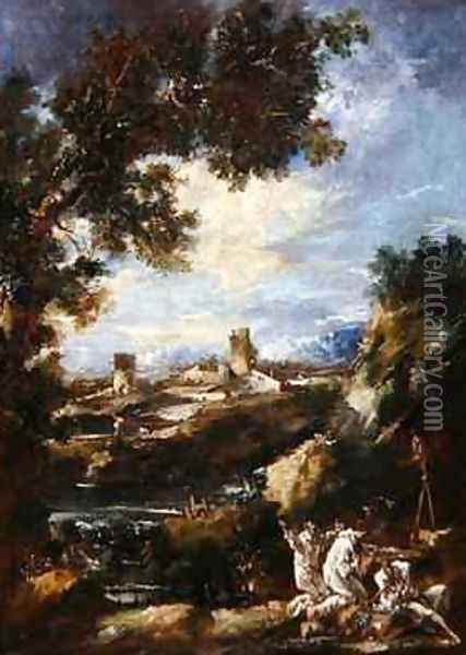 Landscape with Carmelite Friars Praying at a Roadside Shrine 1720 Oil Painting - Alessandro Magnasco