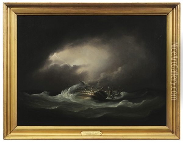 A Third Rate Man Of War Dismasted In A Storm Oil Painting - Thomas Buttersworth