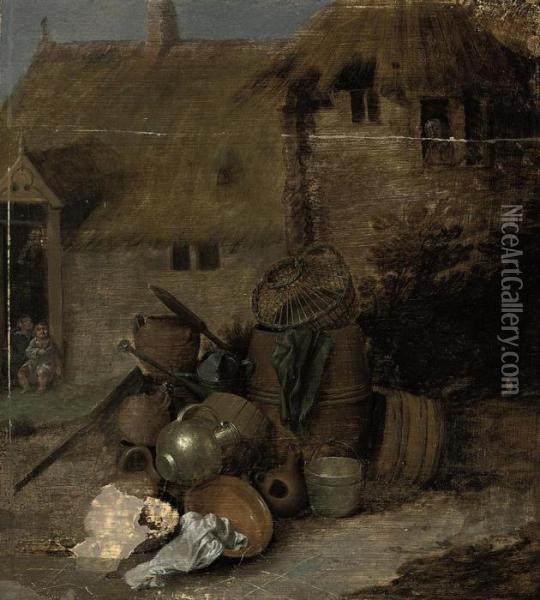 A Barrel, Pots And Pans In A Courtyard Oil Painting - Cornelis Saftleven