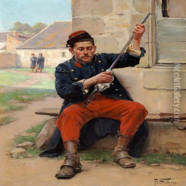 A French Soldier Cleaning His Rifle Oil Painting - Paul Louis Narcisse Grolleron