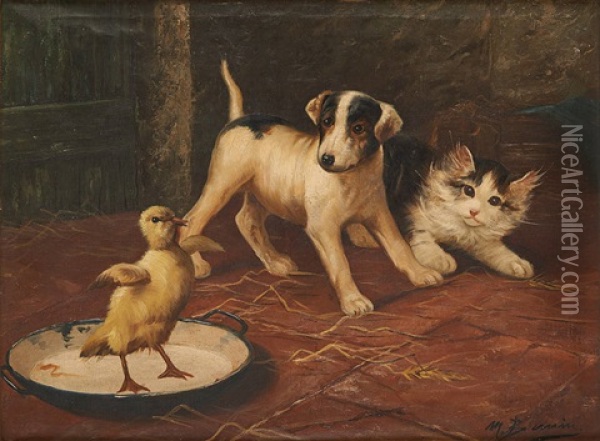 Chien, Chat Et Poussin Oil Painting - Max Carlier