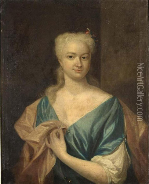 A Portrait Of Sara Louise De 
Laignier, Half Length, Wearing A Blue Dress With White Sleeves And A 
Pink Shawl Oil Painting - Philip Le Petit Van Dyk