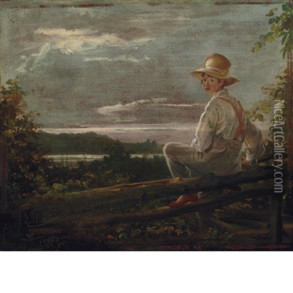 Country Lad On A Fence (sketch From Nature; Boy Getting Over A Fence, Throg's Point, New York) Oil Painting - William Sidney Mount