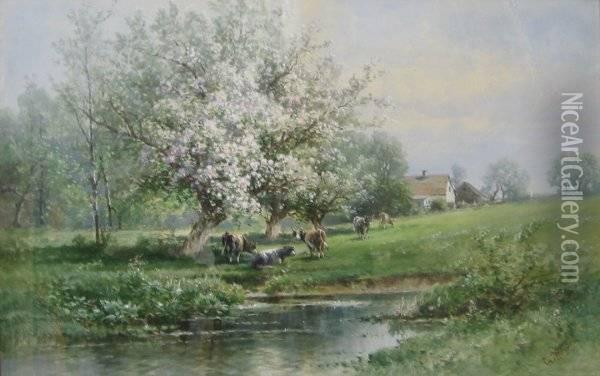 Cows By A Stream Oil Painting - Carl Weber
