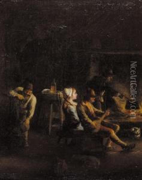 Kitchen Interior With Peasants 
Sitting Round A Fire Drinking And Playing Music Oil Painting - Paolo Monaldi
