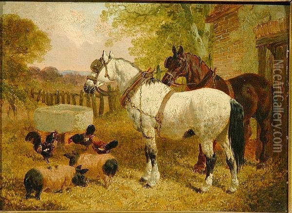 A Farmyard Scene With Horses, 
Chickens And A Goat; A Farmyard Scene With Horses, Pigs And Chickens Oil Painting - John Frederick Herring Snr