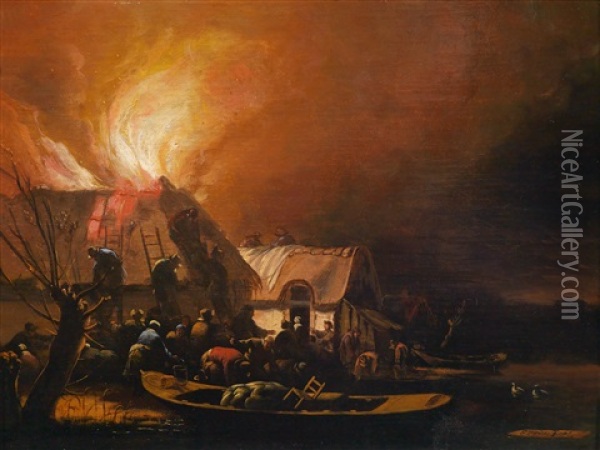 Ein Brennendes Dorf An Einem Kanal Oil Painting - Egbert Lievensz van der Poel