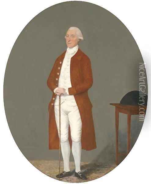 Portrait of a gentleman, full-length, in a brown coat and white waistcoat and breeches, holding a cane, a tricorn on a table beside him Oil Painting - Benjamin Wilson