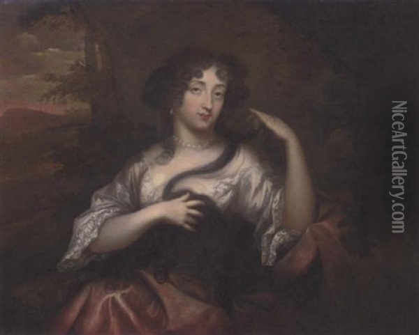 Portrait Of Hortense Mancini, Duchess Of Mazarin, In A White Blouse And Pink Wrap, With A Landscape Beyond Oil Painting - Henri Gascars