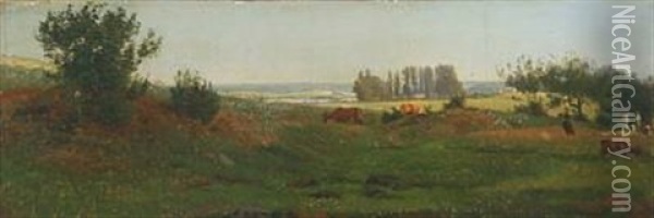 Summer Landscape With Grazing Cow And People On Picnic Oil Painting - Thorald Brendstrup