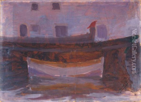 Barconi (darsena), 1906-1908 Oil Painting - Lorenzo Viani