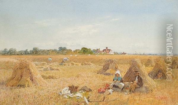 A Brief Break During Harvest, Signed And Dated 1856 Oil Painting - T. Hampson Jones