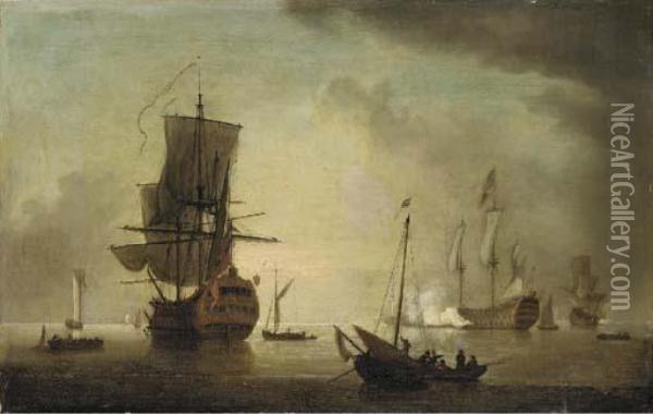 Two British Man-o-war In Still Waters Oil Painting - Willem van de, the Elder Velde