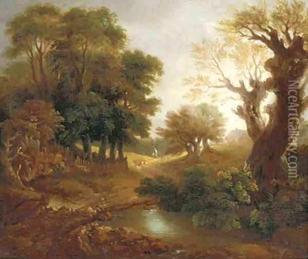 A wooded landscape with figures, a cottage and pool Oil Painting - Thomas Gainsborough