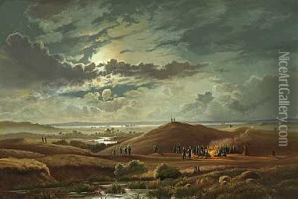 Natlig Scene Med Soldater Omkring Et Bal (fra Krigen I 1864?) Oil Painting - Carsten Henrichsen