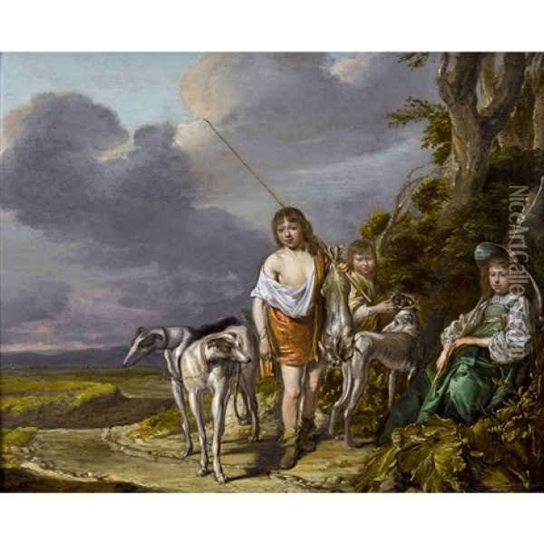 Landschaft Mit Jugendlichen Jagern Und Hunden Oil Painting - Pieter Jacobs Codde