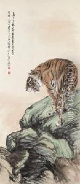Prowling Tiger Oil Painting - Zhang Shanzi