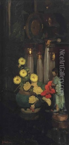 A Still Life With An East Indian Cress In A Ginger Jar And A Japanese Statue Oil Painting - Floris Arntzenius