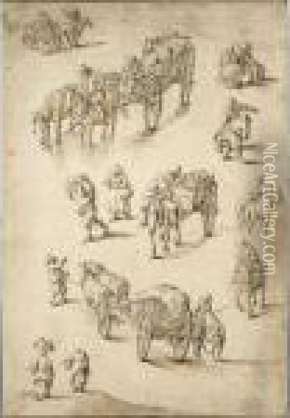 Sheet Of Studies Of Peasants, Riders And Waggons Oil Painting - Herman Saftleven