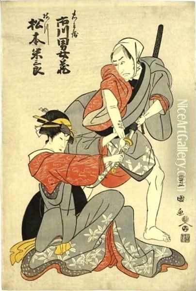 Ichikawa Omeo As Chube And Matsumoto Yonesaburo Oil Painting - Utagawa Toyokuni