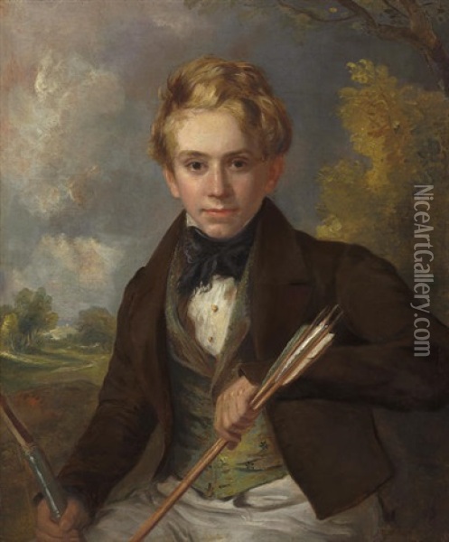 Portrait Of A Boy In A Brown Jacket And Green Vest, Holding A Bow And Arrows Oil Painting - Ramsay Richard Reinagle