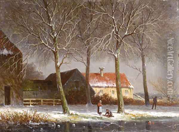 Peasants on a tree-lined snowcovered track, with farms beyond Oil Painting - Adrianus Eversen