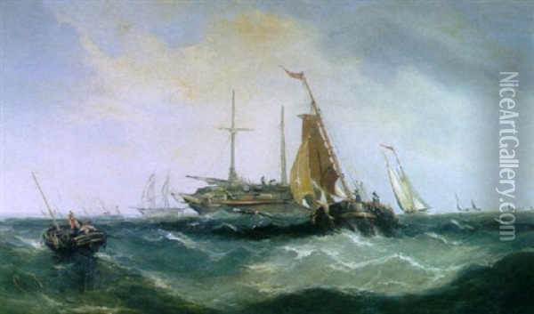 Fishing Boats And Other Vessels On A Choppy Sea Oil Painting - Charles Vincent