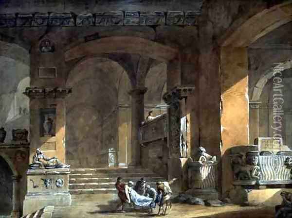 Sepulchral Chamber, c.1773 Oil Painting - Charles-Louis Clerisseau