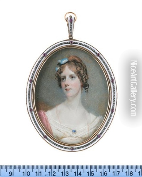 Lady Charlotte Lindsey, Wearing White Dress And Slip, Pink Stole, Blue Enamel Brooch With Border Of Pearls Fastened At Her Corsage, A Fine Gold Necklace Suspended From Her Neck Oil Painting - Andrew Robertson