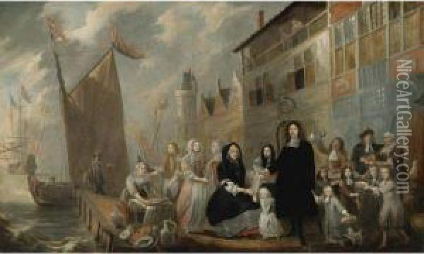 Portrait Of A Family Feasting At The Docks Oil Painting - Gillis van Tilborgh