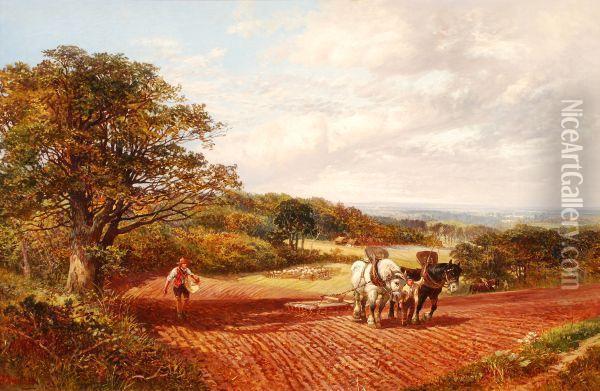 Sowing And Harrowing Near Ockley Oil Painting - Alfred Bennett