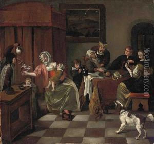 Figures Dining In An Interior Oil Painting - Jan Steen