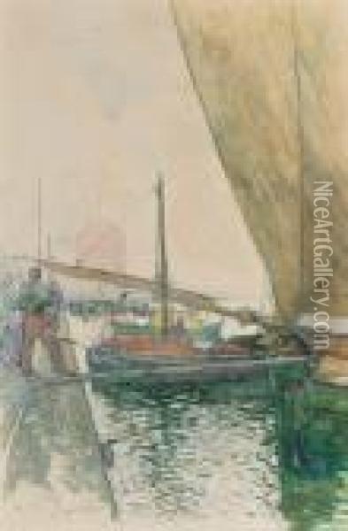Bateaux Amarres Dans Un Port Oriental Oil Painting - David Dellepiane