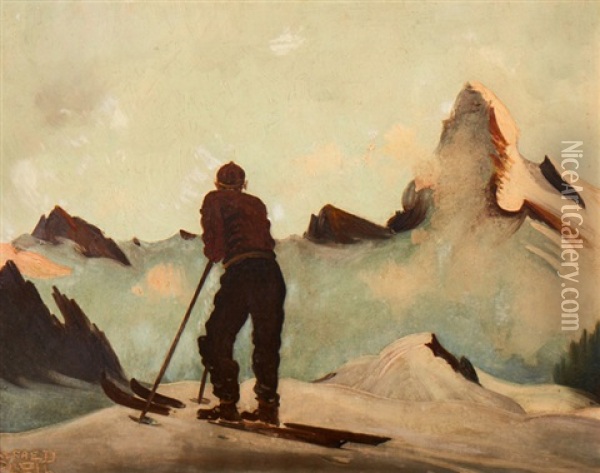 Winterliche Landschaft Mit Skifahrer Oil Painting - Alfred Poell