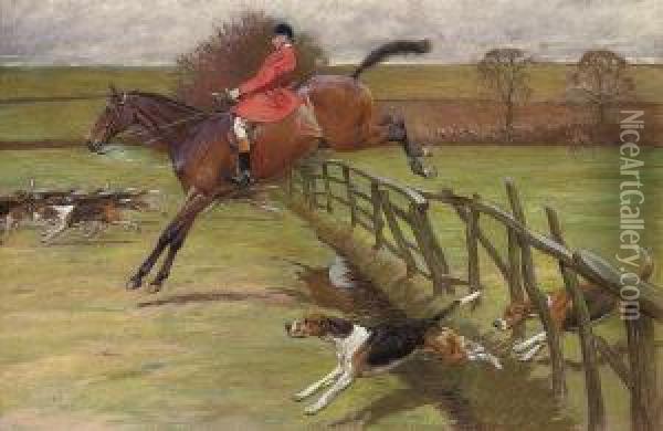 The Master Of The Hunt, Edward Preston Rawnsley, Clearing Afence Oil Painting - Cecil Charles Aldin