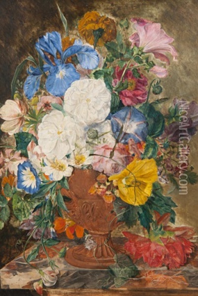 Still Life Of Flowers And Butterfly In A Terracotta Vase Oil Painting - Emily Coppin Stannard