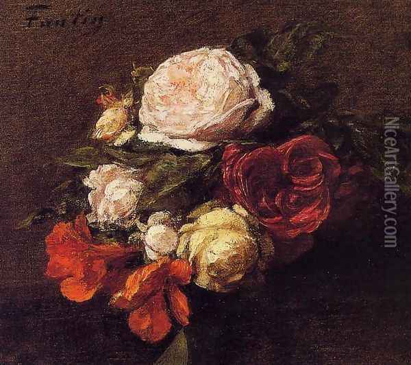 Roses and Nasturtiums (duplicate image) Oil Painting - Ignace Henri Jean Fantin-Latour