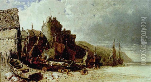 Village Et Falaises En Bord De Mer Oil Painting - Eugene Deshayes