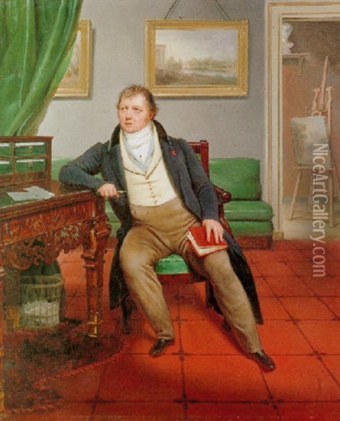 Portrait Of The Artist, Seated In An Interior Holding A Book And A Porte-crayon, A Landscape Painting On An Easel Behind Oil Painting - Alexandre Francois Louis (Comte de) Girardin