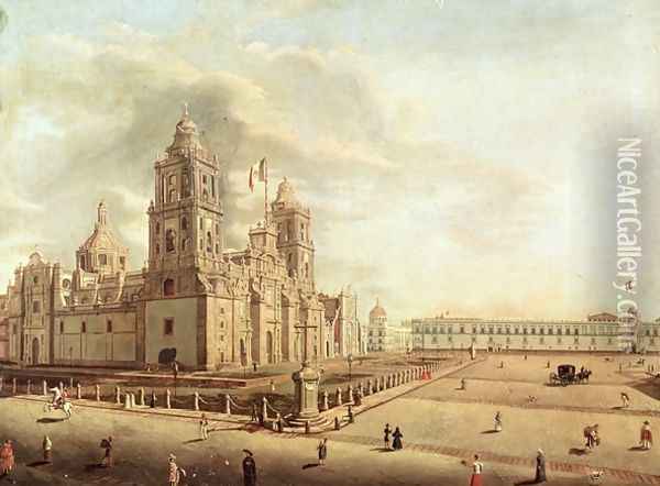 The Catedral Metropolitana and the Palacio Nacional Oil Painting - Pedro Gualdi