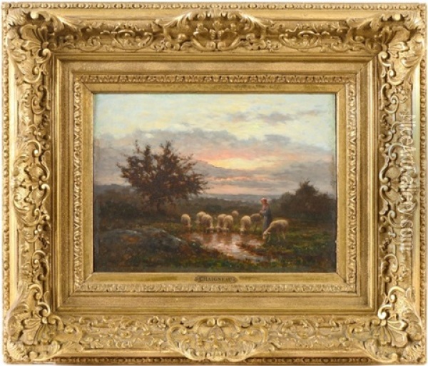 Bergere Et Ses Moutons A La Mare Au Couchant Oil Painting - Jean Ferdinand Chaigneau