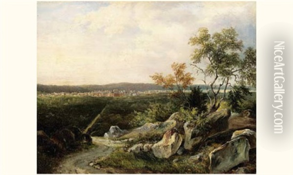 Vue De La Foret De Fontainebleau, Avec La Ville Et Le Chateau A L'arriere-plan Oil Painting - Jules Coignet